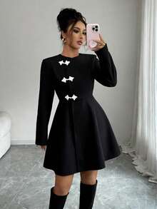 Stylish Women's Long Asymmetrical Flared Coat With Woven Fabric And Unique Toggle Closure Details - Black - View 6