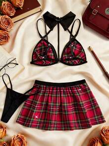 Regalo sorpresa del Día de San Valentín - Conjunto de lencería sexy de 3 piezas: uniforme de cosplay, top con escote, tirantes ajustables, sujetador con solapa, falda corta y tanga con banda elástica - Rojo - Ver 2