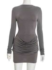 Spring And Summer Casual Fashionable Grey Mini Bodycon Dress For Women, Long Sleeve Round Neck Knit Fabric, Ruffle Hem, Suitable For Party And Retro Style, Mother's Day - Grey - View 11