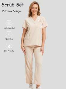 Scrubs Set For Women Dentist Nurse Uniforms Scrubs Suit V-Neck Tops And Cargo Pants Nurse Beauty Salon Workwear With Pattern