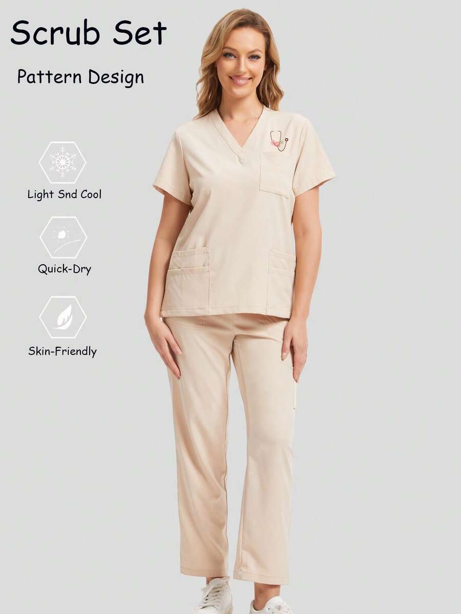 Scrubs Set For Women Dentist Nurse Uniforms Scrubs Suit V-Neck Tops And Cargo Pants Nurse Beauty Salon Workwear With Pattern