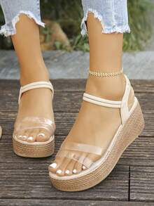 1 đôi sandal đế cao mùa hè dành cho tuổi teen, quai trong suốt, kiểu dáng slip-on, sandal đi biển thời trang tối giản, nhẹ nhàng, đa năng với đế dày. - Trong suốt - Xem 4