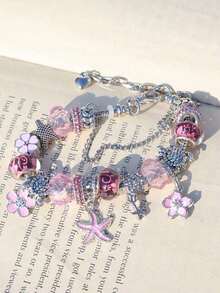 1pc Classic Cherry Blossom Charm Bracelet, 1pc Fashion Seawater Style Starfish Bracelet, 1pc Pink Cherry Blossom Charm Bracelet - 銀色 - 查看 5