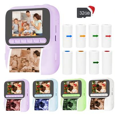 儿童即时打印数码相机，支持1080P视频录制，是送给3-12岁男孩女孩的理想圣诞节和生日礼物，便携式旅行打印相机玩具，附赠彩色打印纸、趣味相框，并提供即时打印和彩色打印选项。