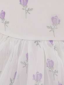 Baby Girls Puff Sleeve Colorblock Bow Print Satin Cute Birthday Dress Suitable For Vacation, No Headband No Bag - Mauve Purple - View 11