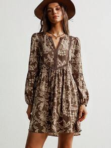 Rusttydustty 条纹蕾丝V领休闲长袖经典咖啡色连衣裙，波西米亚风沙滩裙，适合音乐节及类似场合，优雅春季款 - 咖啡 - 查看 10