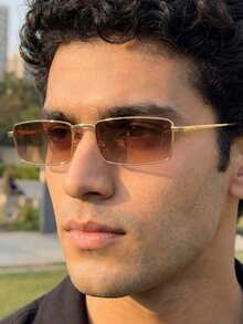 Men's Rectangular Square Dress Sunglasses, Slim, Elegant, Retro, Stylish, With UV400 Protection, Metal Frame, Old Money Fashion Style, Gradient, Various Colors, Vintage Casual, Durable Sunglasses, Men's Fashion - 棕色與金色 - 查看 1