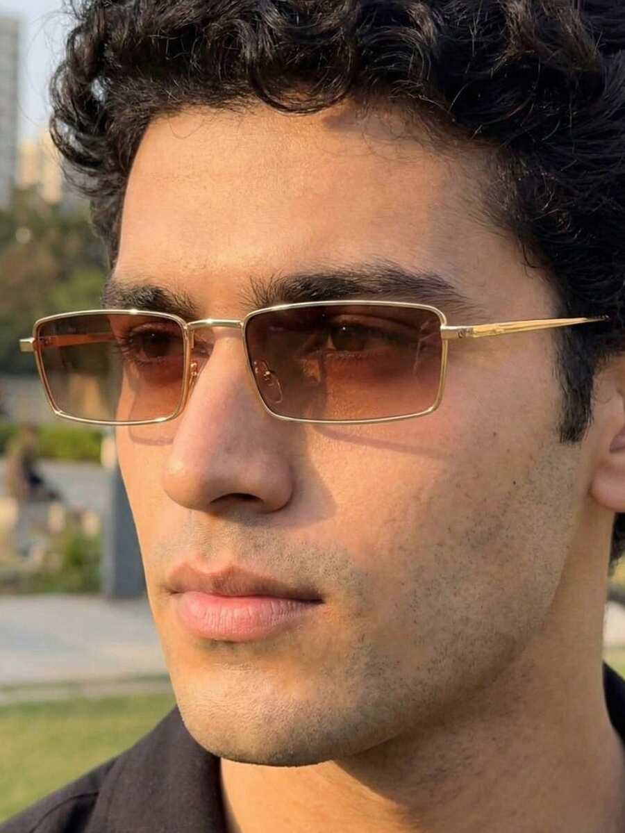 Men's Rectangular Square Dress Sunglasses, Slim, Elegant, Retro, Stylish, With UV400 Protection, Metal Frame, Old Money Fashion Style, Gradient, Various Colors, Vintage Casual, Durable Sunglasses, Men's Fashion - 棕色與金色 - 查看 1