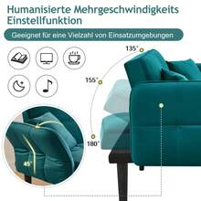 Adjustable 2-In-1 Sofa Bed – Two-Seater With Velvet Upholstery, Folding Armrests And A Sleeping Function, Ideal For Small Spaces - Teal Blue - View 5