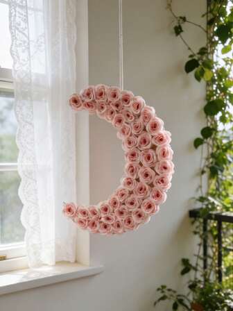1 pieza Decoración de pared de rosa artificial rosa, decoración colgante de flor artificial en forma de luna, arte floral colgante de pared, decoración romántica para el hogar, adorno colgante de flor de rosa artificial en forma de luna, adecuado para la decoración de la pared del hogar, el dormitorio, la sala de estar, el alféizar de la ventana, decoración de pared colgante de moda con flores en forma de luna, decoración de rosa rosa suave, arte de pared estilo bohemio, regalo de San Valentín, boda, cumpleaños, telón de fondo de fiesta