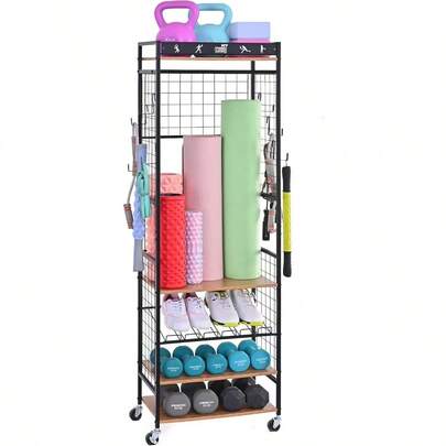 Mythinglogic  Rack For Dumbbells Home Gym Storage For Yoga Mat Dumbbells Kettlebells And Strength Training Equipment Dumbbell Rack With Wheels And Hanging Hooks