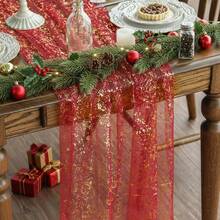 1/2pcs 27.56*118.11/196.85 Inch Red Sheer Chiffon Transparent Table Runner, Glitter Metallic Foil, Red Party Table Decor Center Piece, Suitable For Boho Romantic Table Runner, Fit For Birthday, Bridal Shower Decor, Party, Dining Table Decoration (Multi-Color Available)