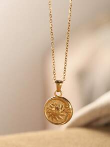 1件不锈钢项链 简约金色项链 日月项链 防水锁骨链饰品 圆形硬币吊坠项链 女士礼物 - 金色 - 查看 2