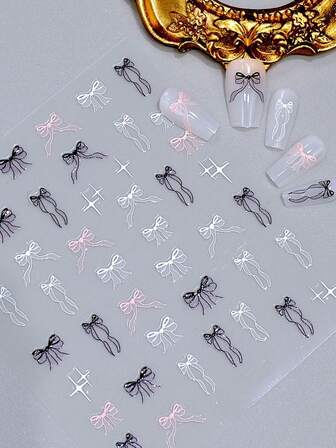 1件白色/黑色/粉色蝴蝶结图案5D美甲贴纸，带水钻珍珠自粘蕾丝丝带蝴蝶结贴花美甲装饰