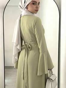 Dignified And Elegant Women's Dress, Olive Green Long Sleeve Loose Long Dress, Casual Daily Wear Spring - Lime Green - View 4