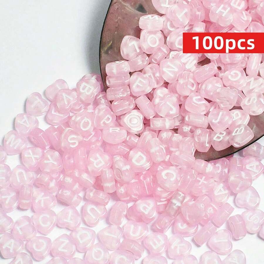 Yiwu Qiyou Accessories Co., LTD 100pcs/Pack Letter Detail Heart Shaped Beads, Valentine's Day Jewelry - Pink - View 1