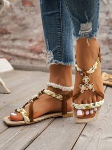 WRCVS 米色女士凉鞋，夏季女士平底凉鞋，编织平底鞋，轻便防滑，沙滩复古花卉图案随机手工串珠复古户外凉鞋 - 棕色 - 查看 3