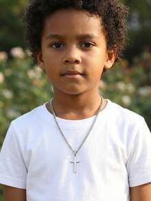 1pc Boys' Simple Cross Pendant Necklace, Stainless Steel Material, Suitable For Daily Wear, Also Can Be A Children's Birthday Gift - Silver - View 4