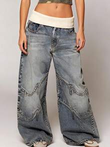 Y2K Low Rise Baggy Jeans For Women, Vintage Wave Patchwork Wide Leg Denim Pants With Knit Waistband, Streetwear Casual Trousers - 水鴨藍 - 查看 3