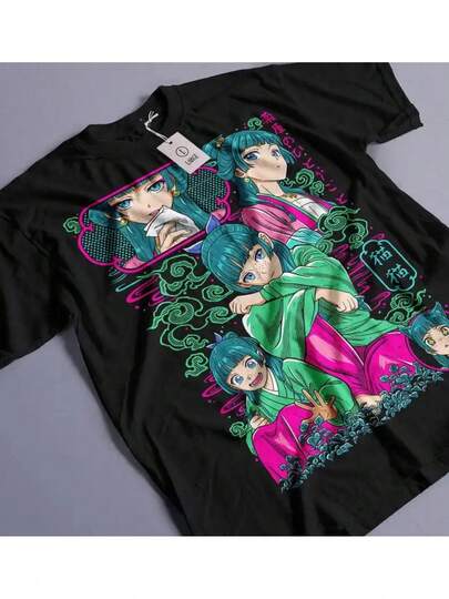 Camiseta Gráfica de Anime The Apothecary Diaries Maomao - Negra, Manga Corta y Cuello Redondo con Arte Neón Vibrante, Lavable a Máquina, Disponible en Todas las Tallas