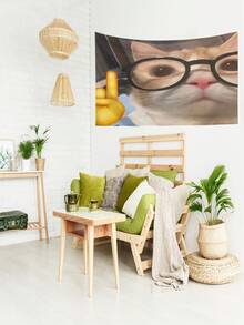 1 件趣味可爱猫咪设计壁挂挂毯，树剪影与星星印花矩形涤纶挂毯，适用于客厅、卧室、办公室墙壁装饰、派对装饰，附带 3 个墙钉和 2 个夹子 - 彩色 - 查看 3