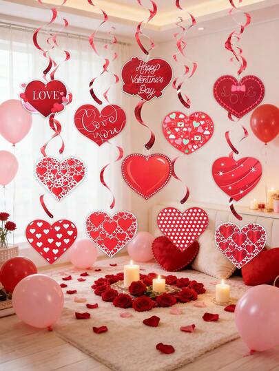 12个情人节心形螺旋吊坠，红色心形挂饰，情人节装饰，情人节快乐装饰，爱情礼物，婚礼用品，新娘送礼会回礼，家居装饰，卧室装饰，浪漫烛光晚餐背景，室内/室外派对用品，情人节礼物