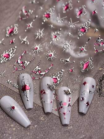 1pc Pink Sweet Hearts Butterfly With Foil Silver Jelly Heart-Shaped 5D Shiny Patterns Nail Stickers Dreamy Romantic Mix Texture Self Adhesive Nail Art For Women And Girls' Enchanting Manicure Decoration