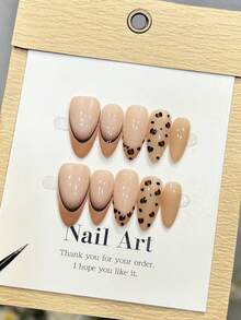 10pcs Handmade Nail Stickers, Almond Shape Nails, Medium Size, Soft Nude Pink, Brown French Tip, Black Ombre, Leopard Print, Chic & Elegant Minimalist Autumn Nails, Autumn/Winter Nail Stickers, Holiday Fake Nails, Suitable For Party, Daily Wear, Beach & Tropical Vacation, DIY Nails, Gift For Women & Girls - Brown - View 2