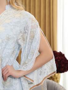 2026 New Style Ramadan Traditional Elegant Embroidered Arabic Women's Dress, JALABIA V-Neck Split Sleeve Dress, Luxurious Ramadan Vibe - Baby Blue - View 4