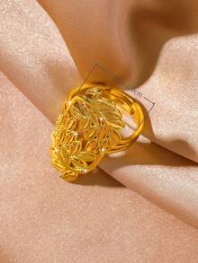 1枚优雅百搭的24K镀金镂空叶子设计可调节戒指，适合女士日常佩戴 - 金黃色 - 查看 3