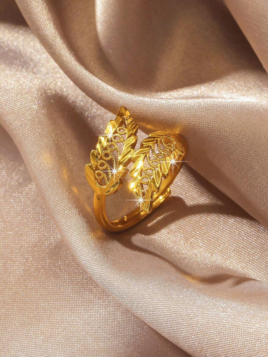 1枚优雅百搭的24K镀金镂空叶子设计可调节戒指，适合女士日常佩戴 - 金黃色 - 查看 1