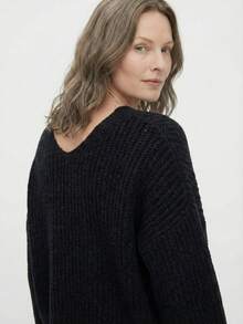 Bộ đồ liền thân bằng len co giãn rộng rãi đơn giản phong cách Bắc Âu dành cho nữ, mua sắm tại nhà, du lịch, mùa thu đông, mùa thu và mùa đông - màu đen - Xem 4