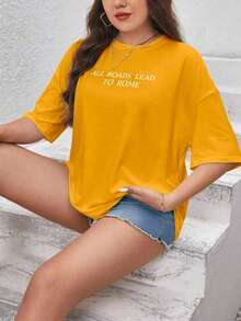 Blusa T Shirt Estampada All Roads Lead To Rome Letras Minimalista Despojada Camiseta Oversized - Amarelo mostarda - Visão 7