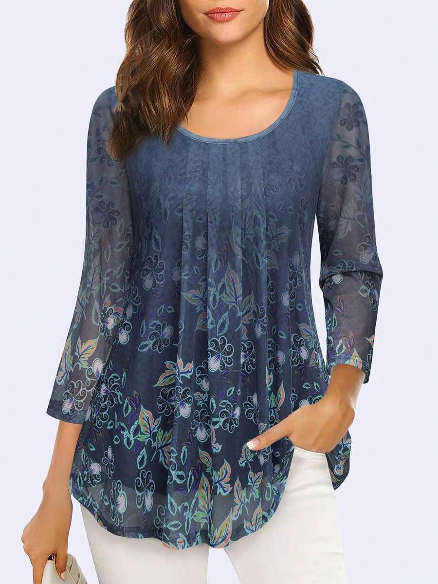 CheersLife Women 3/4 Sleeve Double Layer Mesh Fabric Printed Blouse - Dark Wash - View 1