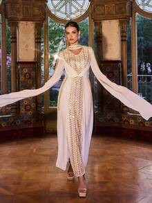 Faeriesty Áo Abaya Ả Rập thanh lịch cổ chữ V sâu, đính cườm và tay áo xẻ tà, thích hợp cho các buổi dạ hội, đám cưới, lễ hội, tiệc chiêu đãi và các dịp đặc biệt. Màu trắng. - trắng - Xem 9