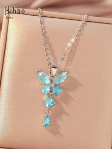 Hihho 1pc Fashionable Luxurious Purple Cubic Zirconia Butterfly Design Pendant Necklace For Women, Decoration Gift