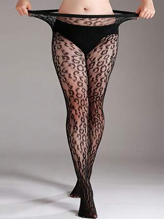 Women's Plus Size High-Elasticity Leopard Fishnet Tights, Sexy Black Open-Knit Mesh Pantyhose For Valentine's & Christmas Outfits, Bold Fashion Statement Legwear
