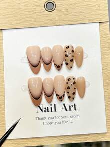 10pcs Handmade Nail Stickers, Almond Shape Nails, Medium Size, Soft Nude Pink, Brown French Tip, Black Ombre, Leopard Print, Chic & Elegant Minimalist Autumn Nails, Autumn/Winter Nail Stickers, Holiday Fake Nails, Suitable For Party, Daily Wear, Beach & Tropical Vacation, DIY Nails, Gift For Women & Girls - Brown - View 3