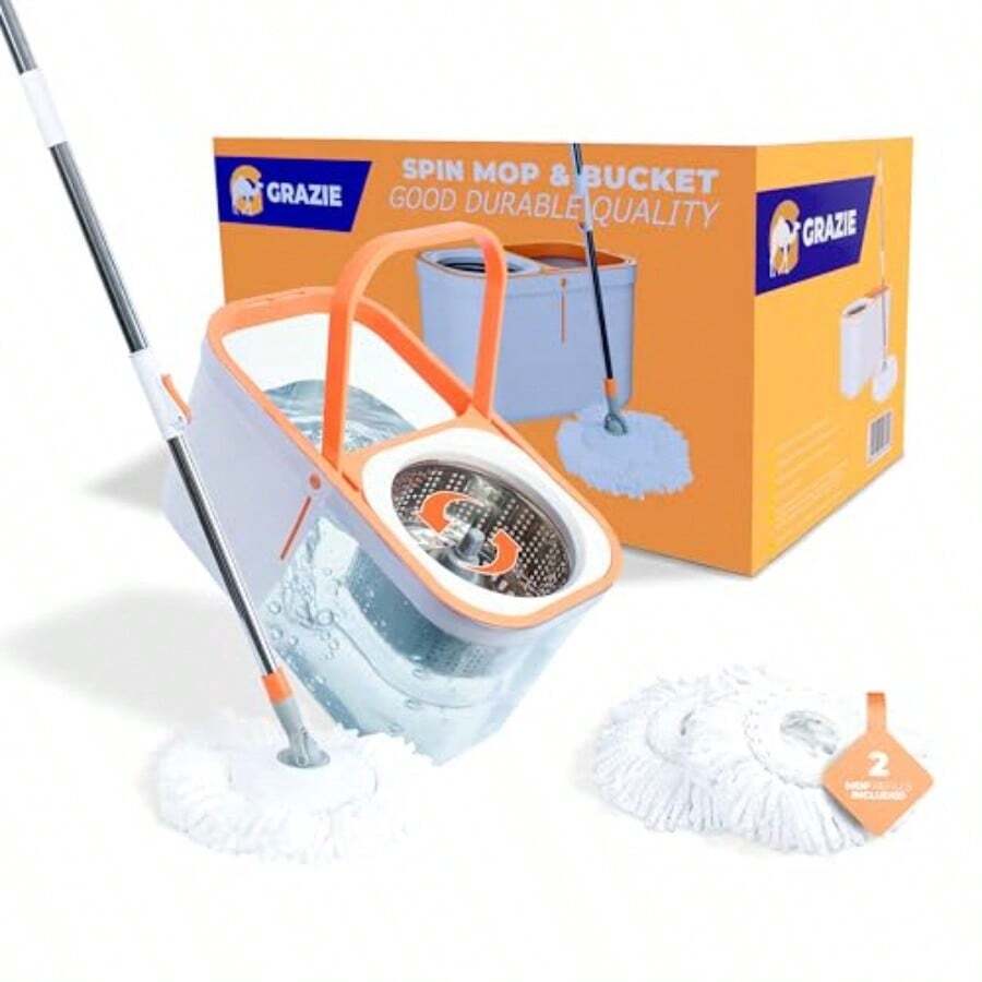 Spin Mop And Bucket Set Cleaning System Wringer 360 Microfiber Mop With Stainless Steel Handle Self Wringing Bucket For Tile Hardwood Laminate Floors Includes 2 Mop Head Refills - 白色 - 查看 1