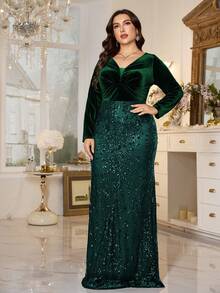 XUIBOL Đầm dạ hội trang trọng, thanh lịch, cổ chữ V, đính sequin và họa tiết hoa dành cho nữ cỡ lớn. - Màu xanh lá cây đậm - Xem 9