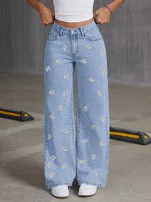 Women's Vintage Washed Blue Denim Wide-Leg Straight-Leg Pants With Embroidery - Relaxed Fit Washable Pants Suitable For Spring/Autumn, Casual Wear & Western Outfits - 彩色 - 查看 3