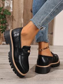 2026 Spring New Thick Heel Loafers For Women, Casual Leather Shoes Suitable With Dresses, Versatile - Black - View 6