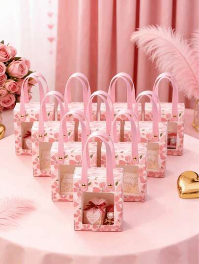 10 piezas/5 piezas Caja de regalo, Bolsa de regalo rosa con flores de cerezo huecas, Bolsa de tote portátil con asa, Bolsa de embalaje para hornear dulces, Bolsa de embalaje con ventana transparente, Perfecto para el Día de San Valentín, cumpleaños, eventos de boda, aniversarios de boda, bolsas de embalaje decorativas para recuerdos, celebraciones festivas, suministros de embalaje de regalos para fiestas, bolsas de regalo verticales, decoraciones para el hogar de primavera, cajas de embalaje para regalos de temporada de bodas, decoraciones para fiestas