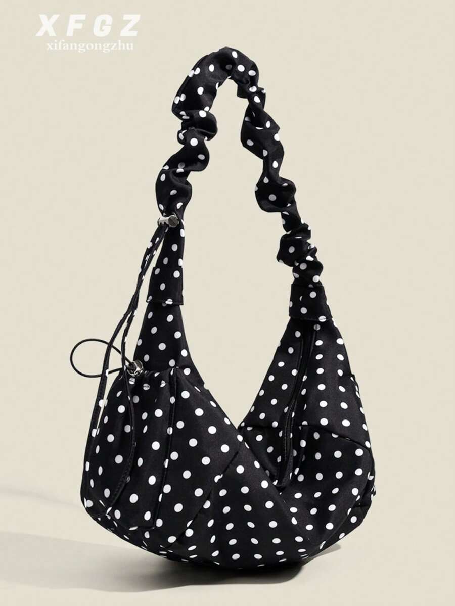 1pc Nylon Fabric Multi-Pocket Dumpling Bag, Korean Style Polka Dot Shoulder Bag, Women's Casual Pleated Drawstring Crossbody Bag, Soft & Slouchy Versatile Japanese Hobo Bag - Black - View 1