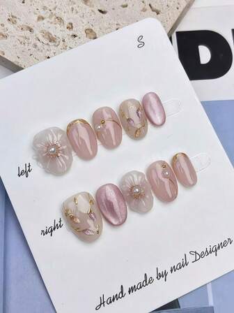 Set de 10 uñas postizas ovaladas reutilizables hechas a mano, con efecto degradado champán elegante y diseño 3D, adecuadas para cualquier estilo, incluye herramientas