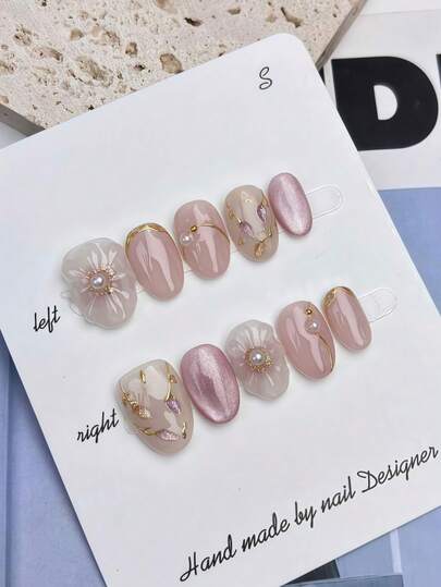 10pcs/Set Handmade Oval Reusable Press-On Nails, Elegant Champagne Ombre Effect & 3D Design, Suitable For Any Style, Includes Tools Nail Supplies