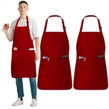 Adjustable Cotton Chef Aprons With 2 Pockets And Complimentary Bandana, Kitchen Apron For Women And Men,2Pack-Red - 2個裝-紅色 - 查看 2