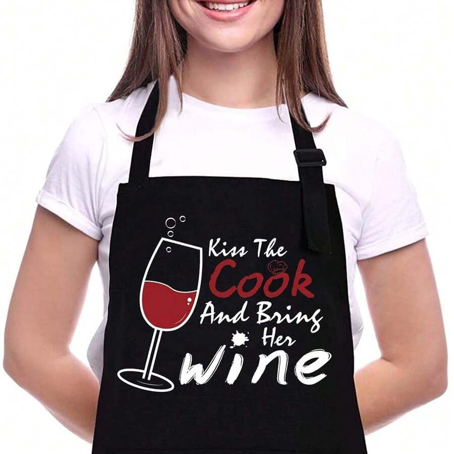 ZOORON Funny Black Chef Aprons For Men Adjustable BBQ Grill Kitchen CooFKing Aprons With Pockets, Grill Accessories,KisstheCookandBringHerWine - 親吻廚師並帶酒 - 查看 1