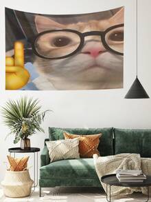 1 件趣味可爱猫咪设计壁挂挂毯，树剪影与星星印花矩形涤纶挂毯，适用于客厅、卧室、办公室墙壁装饰、派对装饰，附带 3 个墙钉和 2 个夹子 - 彩色 - 查看 2