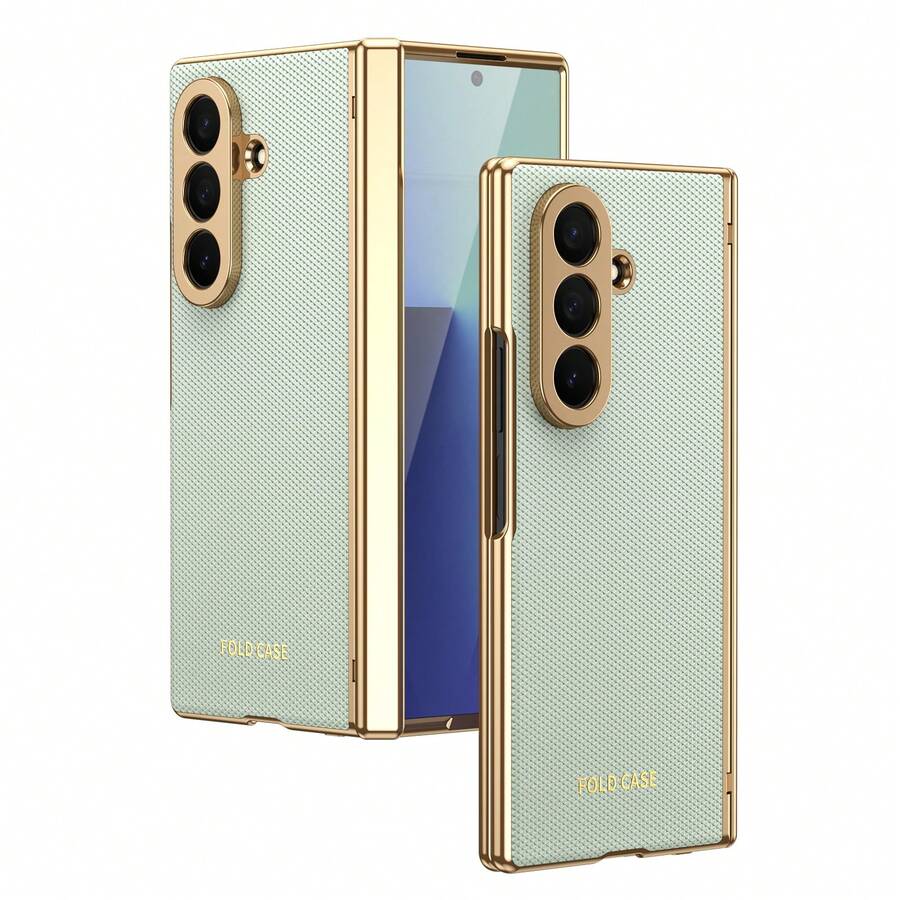 真皮一体式电镀材质仿皮全包覆保护手机壳，兼容三星 Galaxy Z Fold 7 6 5 4 Fold7 Fold6 Fold5 Fold4，附赠钢化玻璃屏幕保护膜，春季礼物 - 青色 - 查看 1